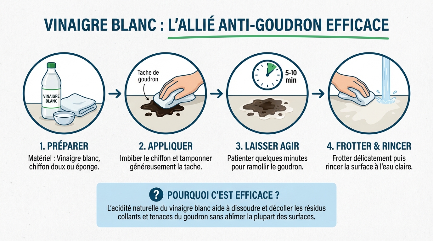 Utiliser du vinaigre blanc pour enlever le goudron efficacement 1 Autres méthodes pour enlever le goudron