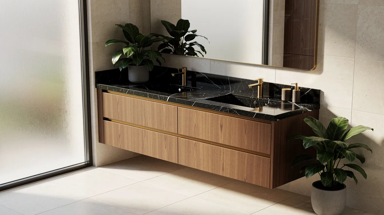 Salle de bain marbre noir et bois : 7 combinaisons élégantes